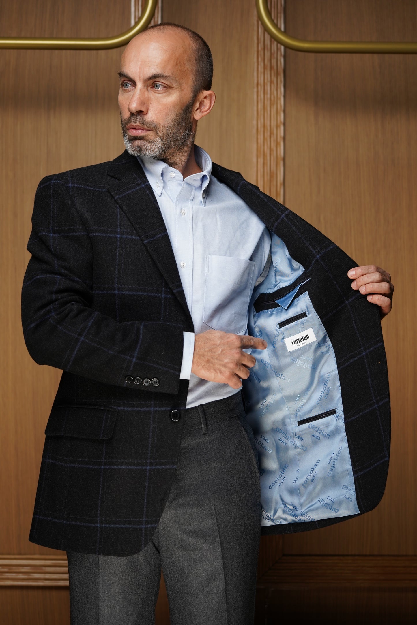 Veste Noire en Pur Cachemire à Carreaux Fenêtres Bleus VTH305