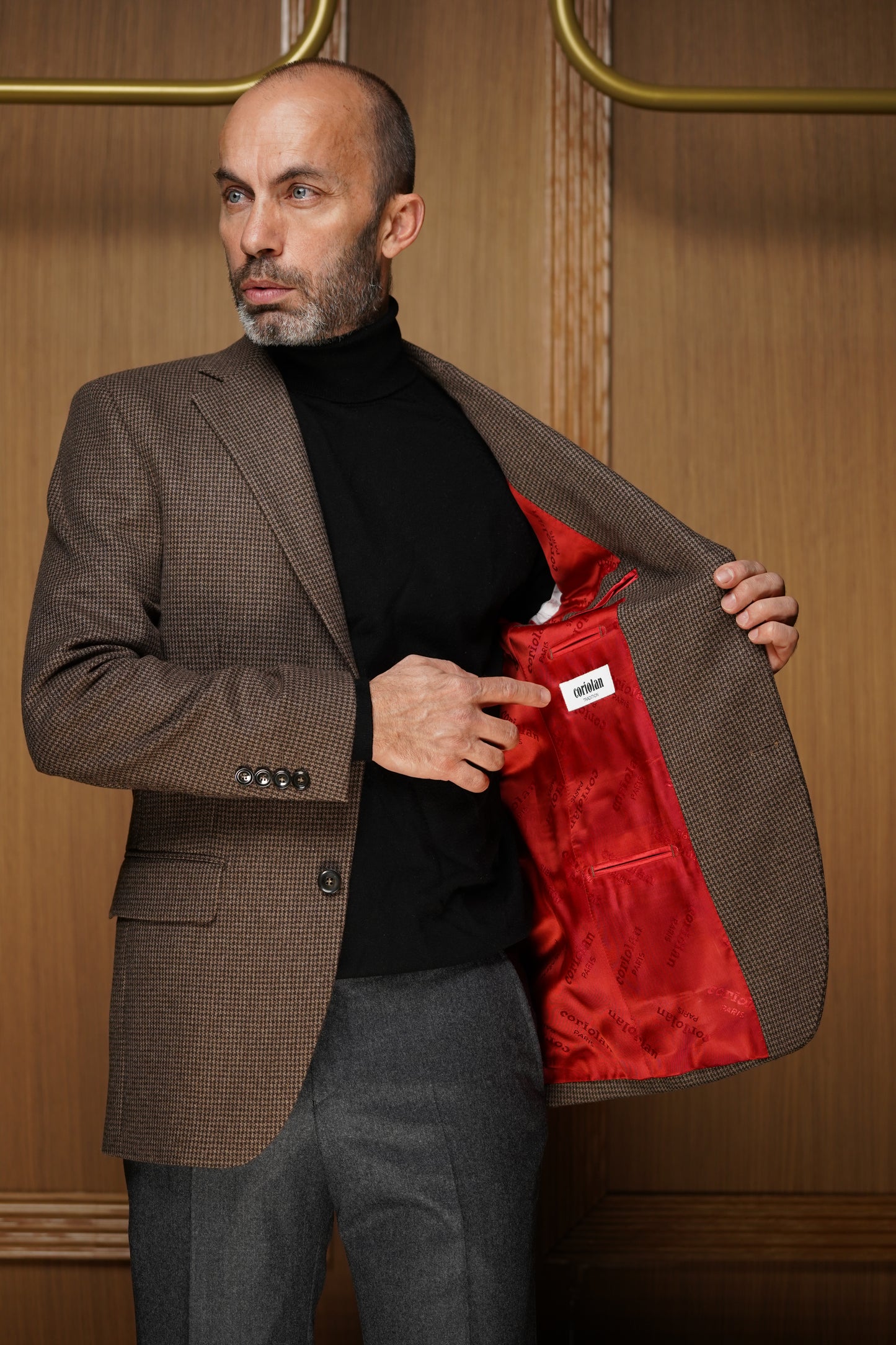 Veste tradition pur cachemire pied de poule marron VTH604