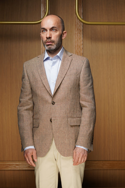Veste pur lin pied de poule marron on-doublée VE506