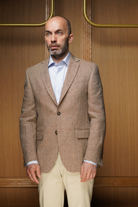 Veste pur lin pied de poule marron on-doublée VE506