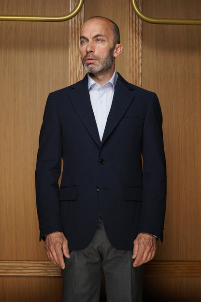 Veste en Seersucker  non doublée bleu Marine VE 601