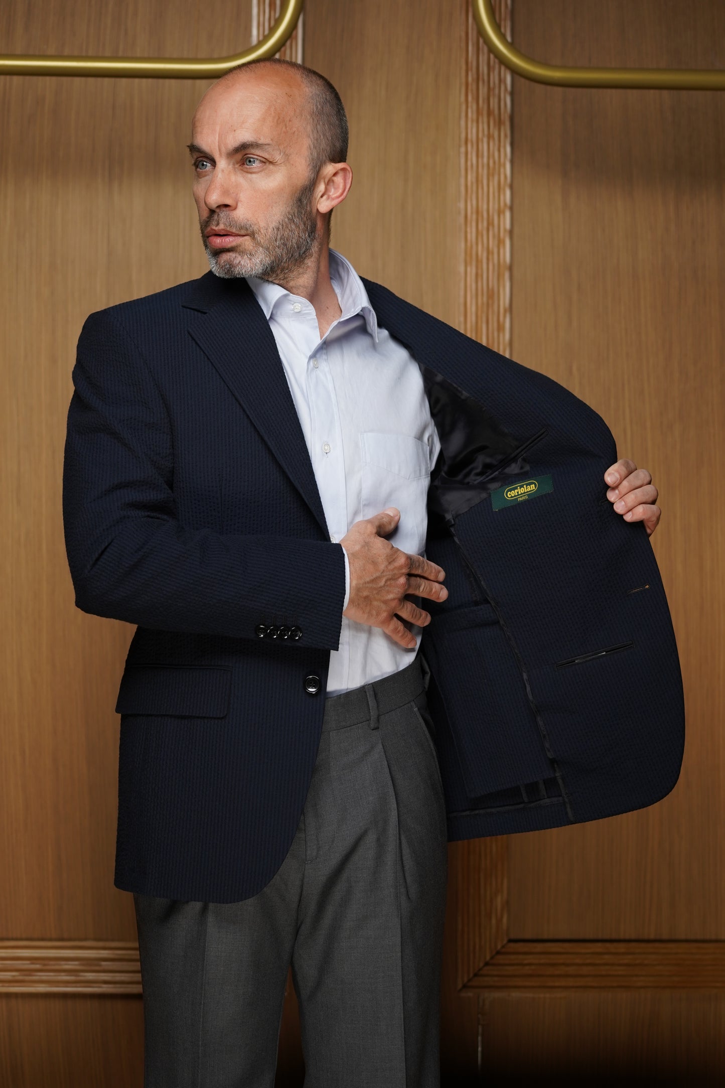 Veste en Seersucker  non doublée bleu Marine VE 601