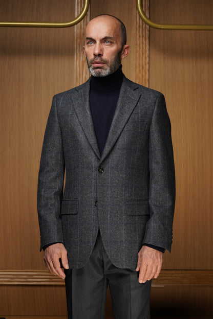 Veste pure laine grise carreau fenêtre bleu VH607