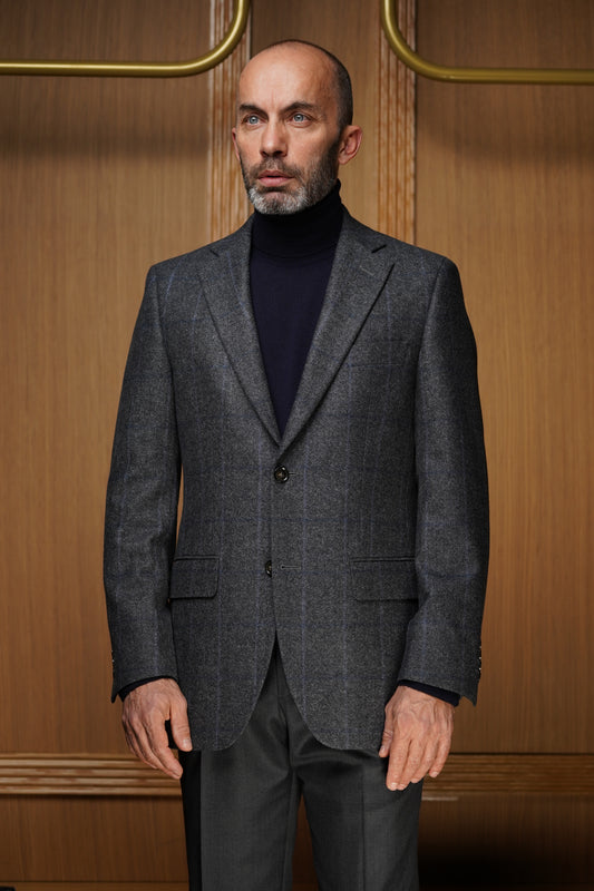 Veste pure laine grise carreau fenêtre bleu VH607