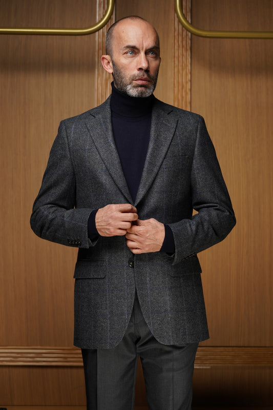 Veste pure laine grise carreau fenêtre bleu VH607