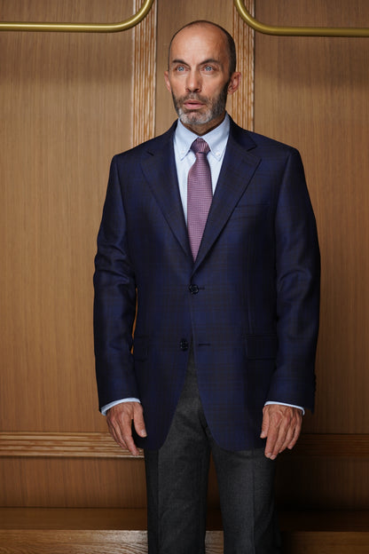 Veste tradition bleu carreaux fenêtre cachemire et soie VH706