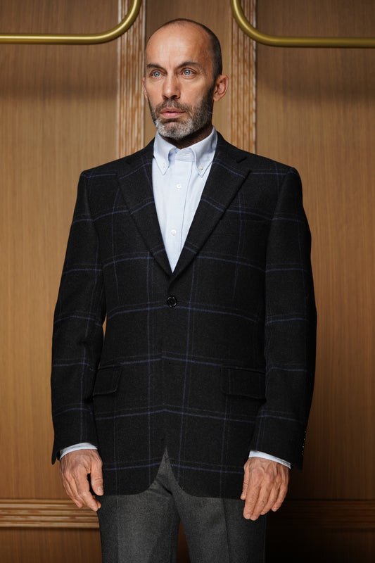 Veste Noire en Pur Cachemire à Carreaux Fenêtres Bleus VTH305
