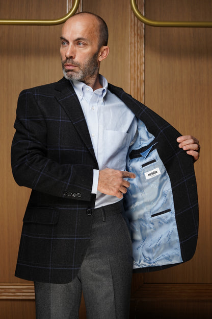 Veste Noire en Pur Cachemire à Carreaux Fenêtres Bleus VTH305