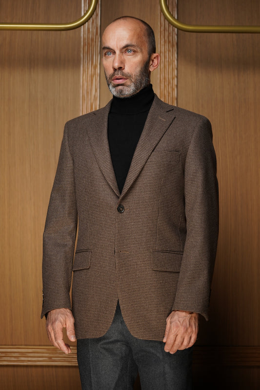 Veste tradition pur cachemire pied de poule marron VTH604