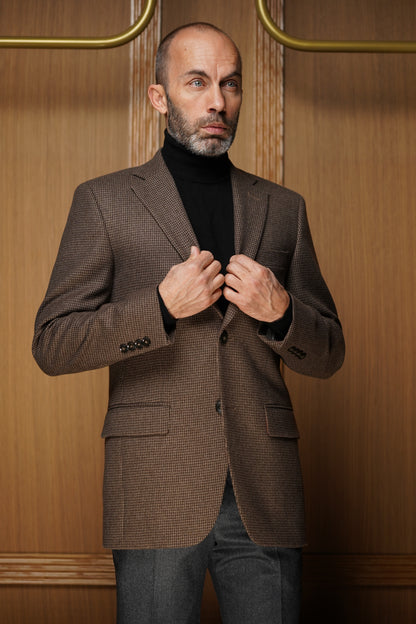 Veste tradition pur cachemire pied de poule marron VTH604