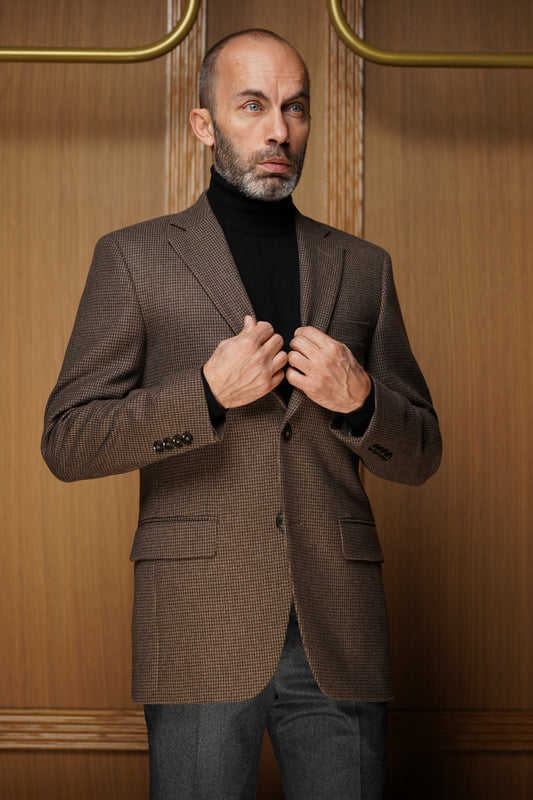 Veste tradition pur cachemire pied de poule marron VTH604