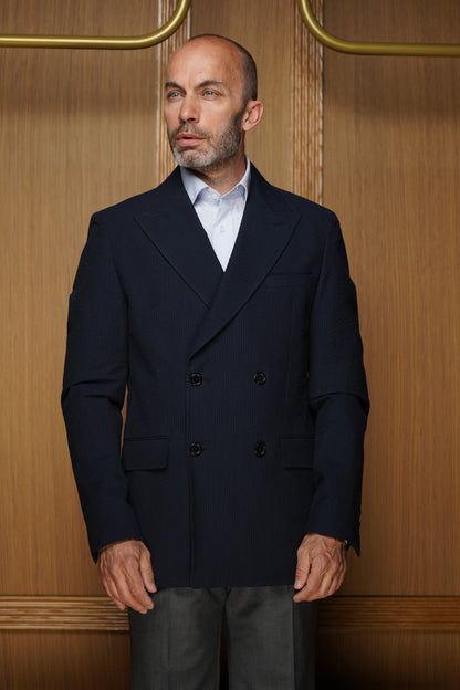 Veste croisé en Seersucker bleu marine non doublée VXE