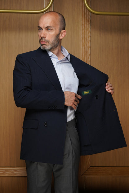 Veste croisé en Seersucker bleu marine non doublée VXE